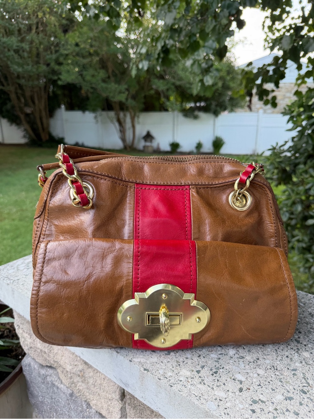 Cynthia Rowley Brown Leather Shoulder Bag with Red Stripe and Gold Hardware